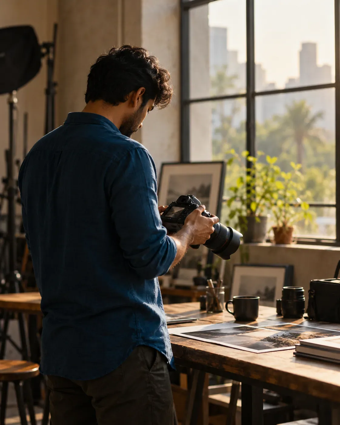 Temporary editorial portrait placeholder of a photographer reviewing a camera in a studio
